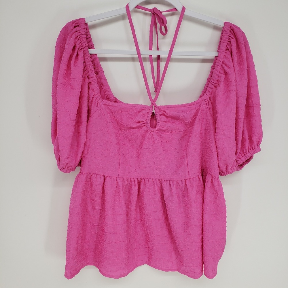 Future Collective Textured Peplum Top Women Large Pink Puff Sleeve Halter Tie